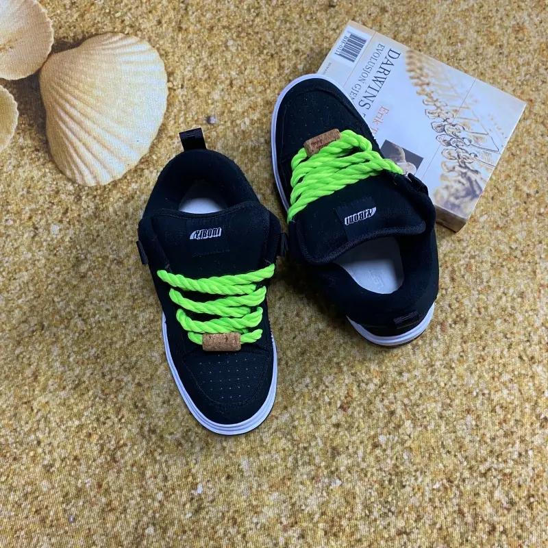 Black Mid Top Chunky Bread Skate Sneakers With Eye-Catching Fluorescent Green Thick Twisted Rope Laces, Soft Padded Thick Tongue, Natural Cork Lace Lock Decor, Extended Large Sizes For Men Women, Fashion Street Footwear For Daily Walking, Skateboarding An