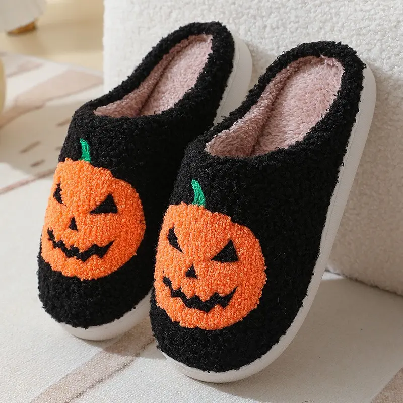 Halloween Cartoon Slippers for Women Men,Pumpkin Ghost Spooky Pattern Plush Fluffy Warm House Slippers,Memory Foam Indoor Winter Home Slip On Shoes