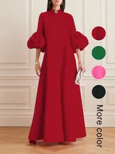 New Spring Summer Fall French Elegance Loose Lantern Sleeve Midi Dress, Metal Flower Button Decor, Casual Fashion, Elegant, Chic, Vintage Style, Womenswear, Women's Autumn Dress