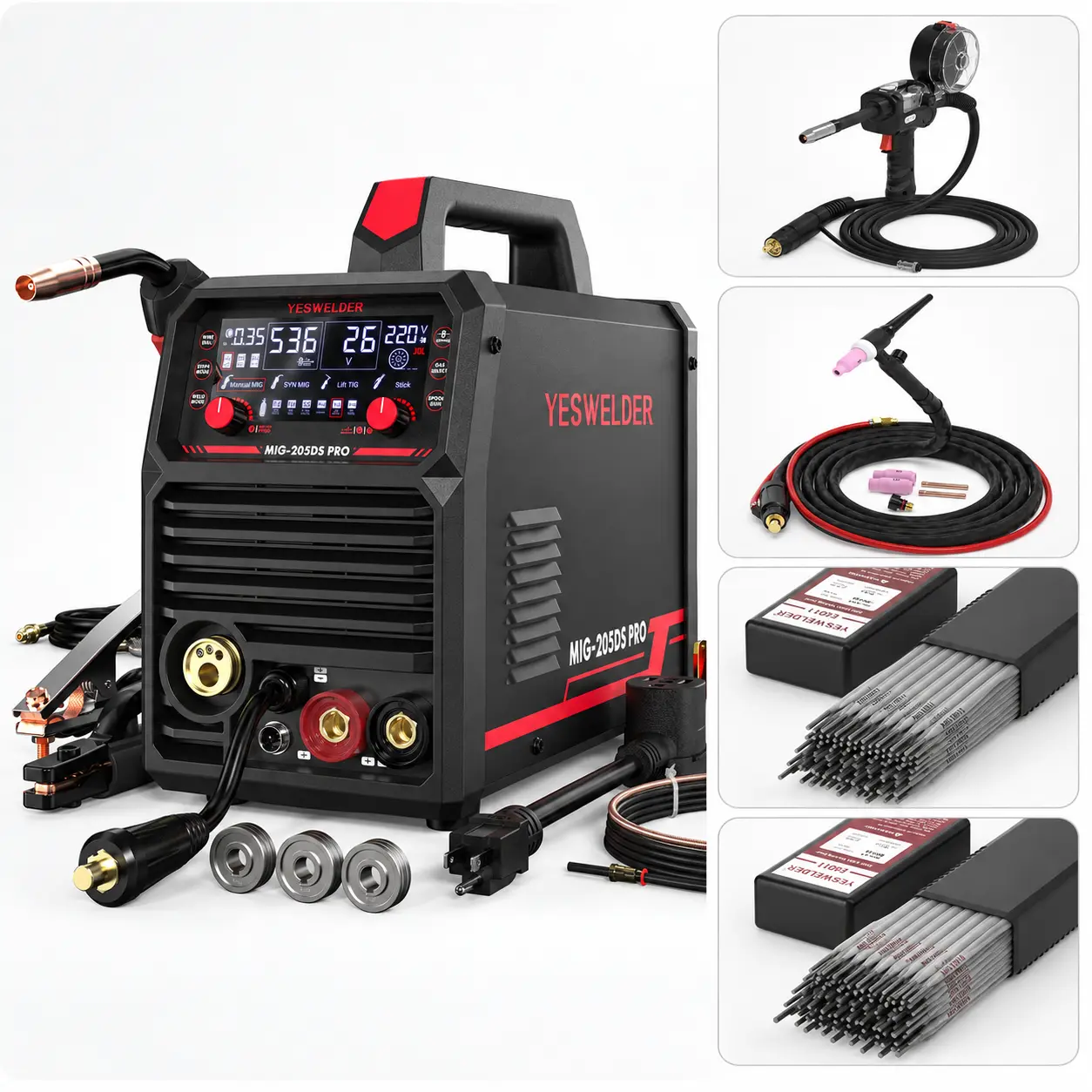 YESWELDER MIG-205DS-PRO&Spool Gun Aluminum MIG Welder 205Amp | Synergic Control, 110/220V   Dual  Voltage   & Large LED Display | 5-In-1 Gas MIG/Flux Core/Spool Gun/Lift TIG/Stick Multiprocess Welding Machine