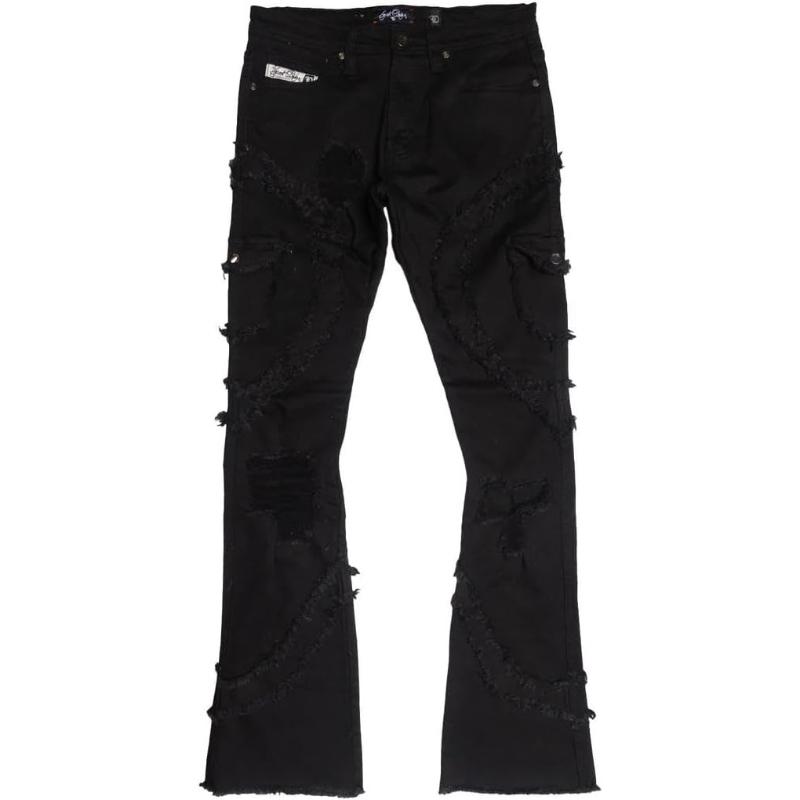 Mens Black Stacked Jeans Slim Fit Ripped Jeans Destroyed Straight Denim Pants Harajuku Hip Hop Trouser Streetwear