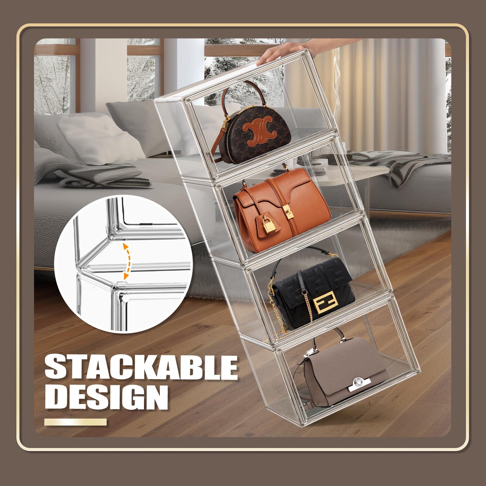 4PCS Purse Organizer for Closet X-Large Acrylic Handbag Display Clear Stackable Shoe Boxes with Lids Storage Box Transparent stackable shoe organizer Racks