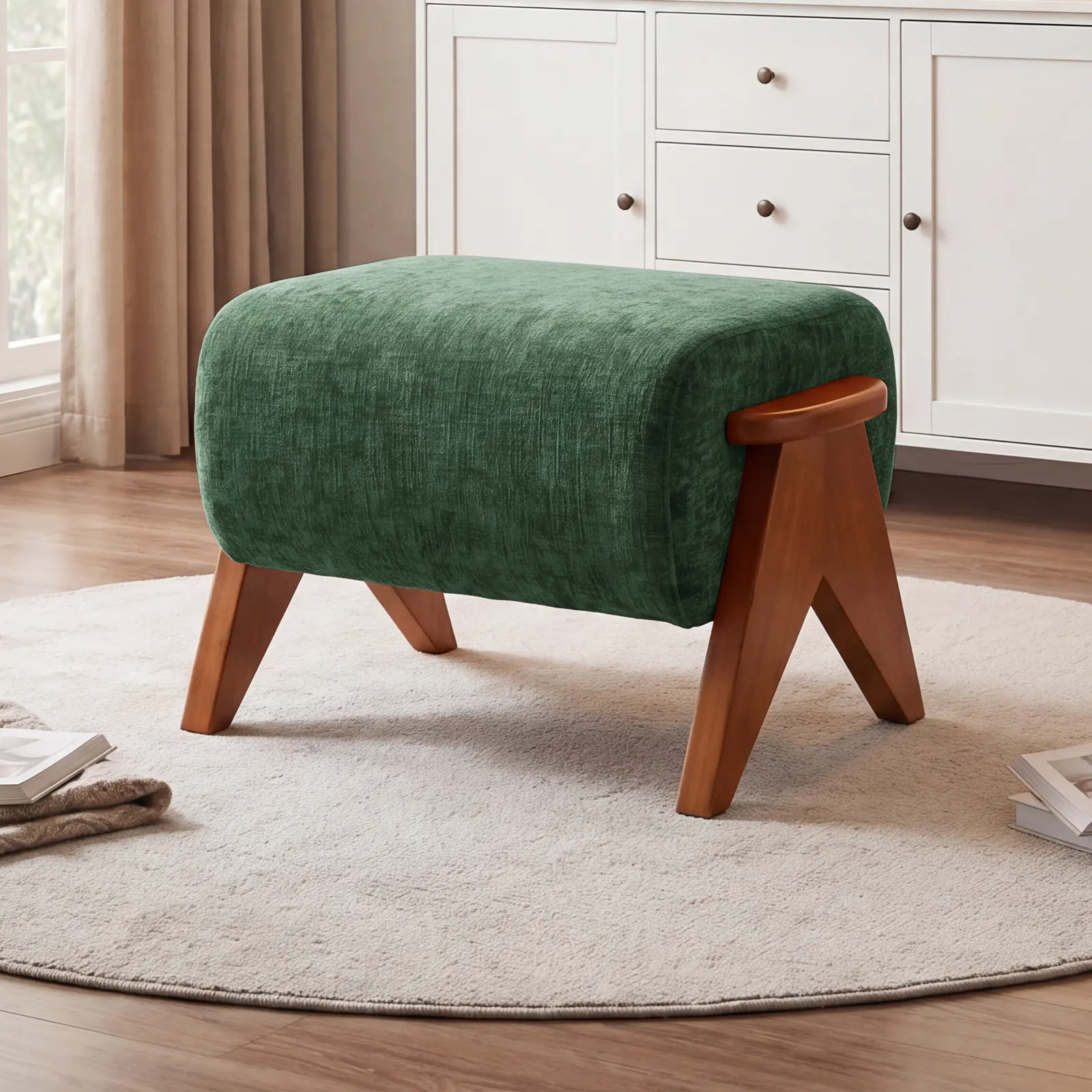 Chenille Upholstered Ottoman with Solid Wood Legs - Modern Fabric Footstool for Living Room, Bedroom & Office Upholstered Storage Ottoman Boucle Footstool