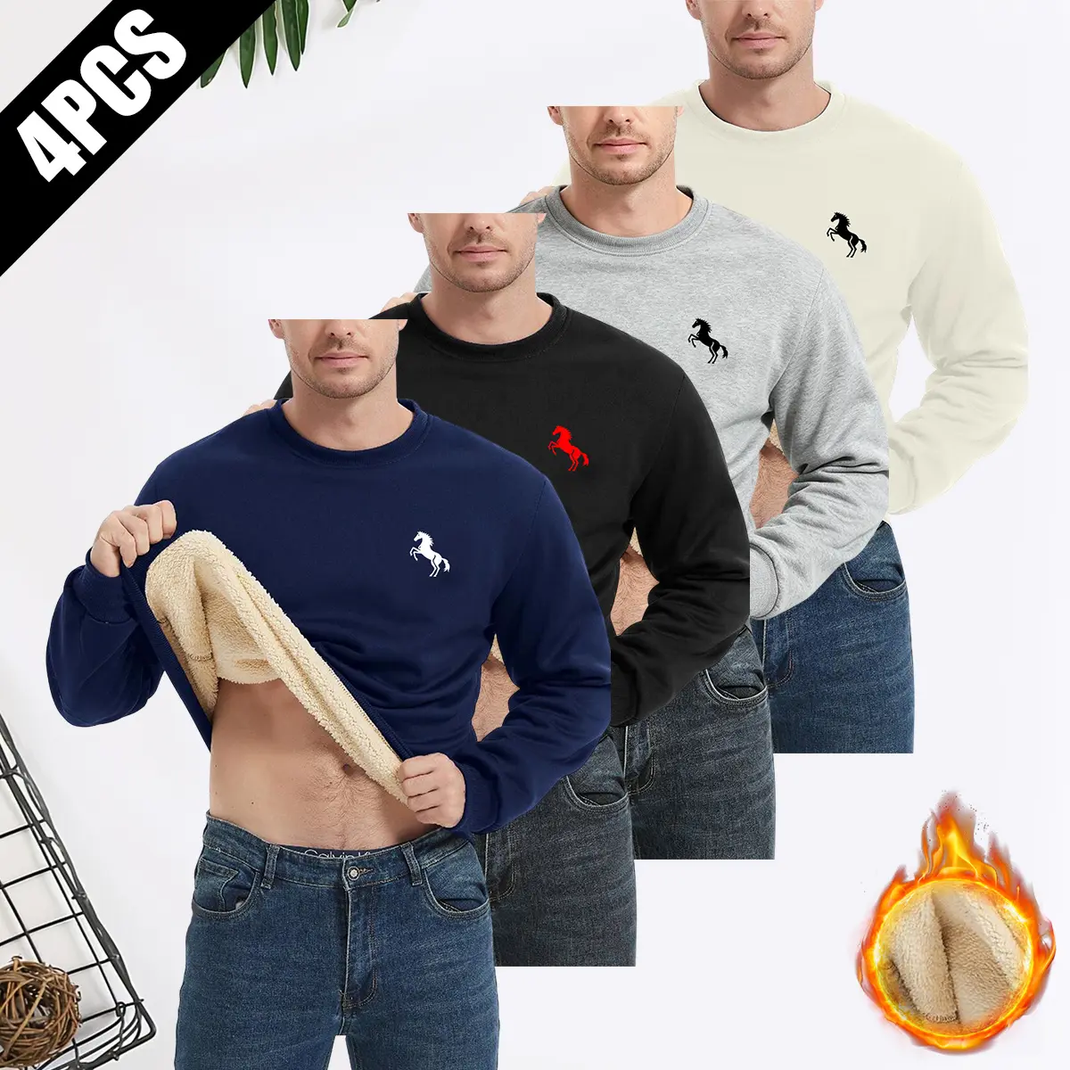 JOGWAVE 4PCS Men’s Heavyweight Polyester Fleece Sweatshirts - Casual Sports Crew Neck Full Sleeves Solid Plain Closet Staples, Keep Warm Autumn & Winter Top, Ideal Gift for Him
