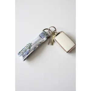 Lanie Quilted Keychain - Blue Floral Pattern Handcrafted in India Durable Metal Brass Color Ring Machine Washable Girly Touch Everyday Essentials