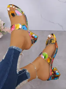 Fashionable Colorful Patchwork Design Heeled Sandals, Stylish Square Toe Sandals for Women, Trendy All-match & Exquisite Heeled Sandals for Daily Wear, Bohemian Trending Sandals, Girl, Elegant Fashionable Sandals, Boho Sandals