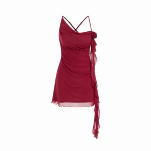 Cider Mesh Asymmetrical Neck Ruched Floral Applique Mini Dress