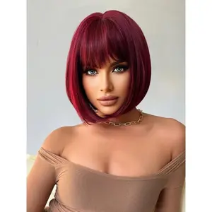 12 Inch Burgundy Short Straight Bob Wig with Bangs |   Glueless Synthetic Wig for Women |   Valentine's Day Outfit Essential |   Daily & Party Use