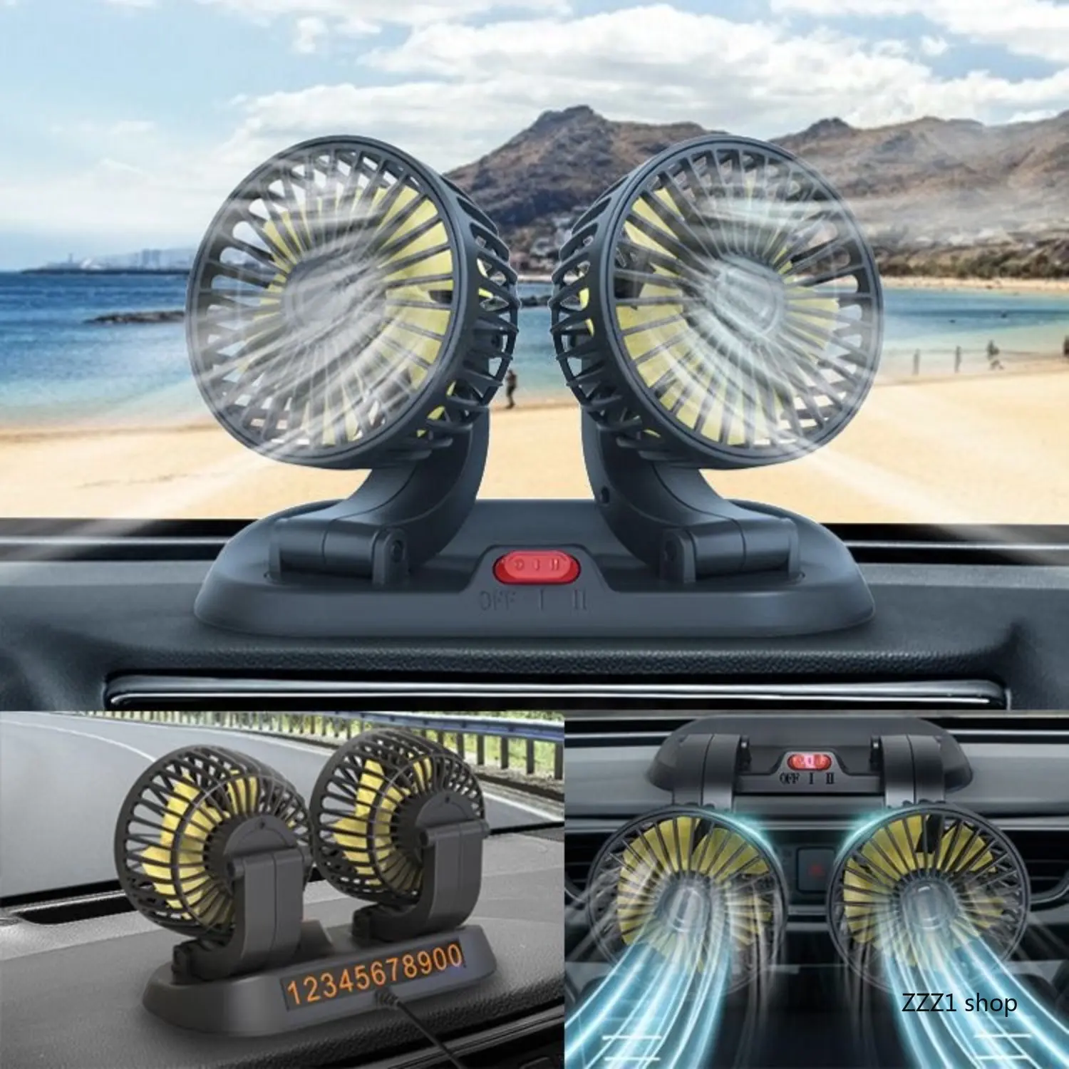 Dual Head Car Fan 360 Degree Rotating Portable Dashboard Electric Cooling Fan 12V 24V Strong Wind Quiet Parking Number Plate Car Gadget Gift,summerwins