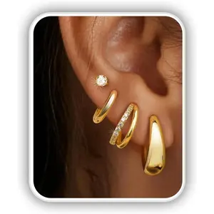 4 Pairs Chunky & Dainty Hoop Earrings Set, 14K Gold Plated Hypoallergenic Earrings for Sensitive Ears, Stackable Non Tarnish Huggie Hoops for Cartilage Lobe Tragus Multiple Piercings