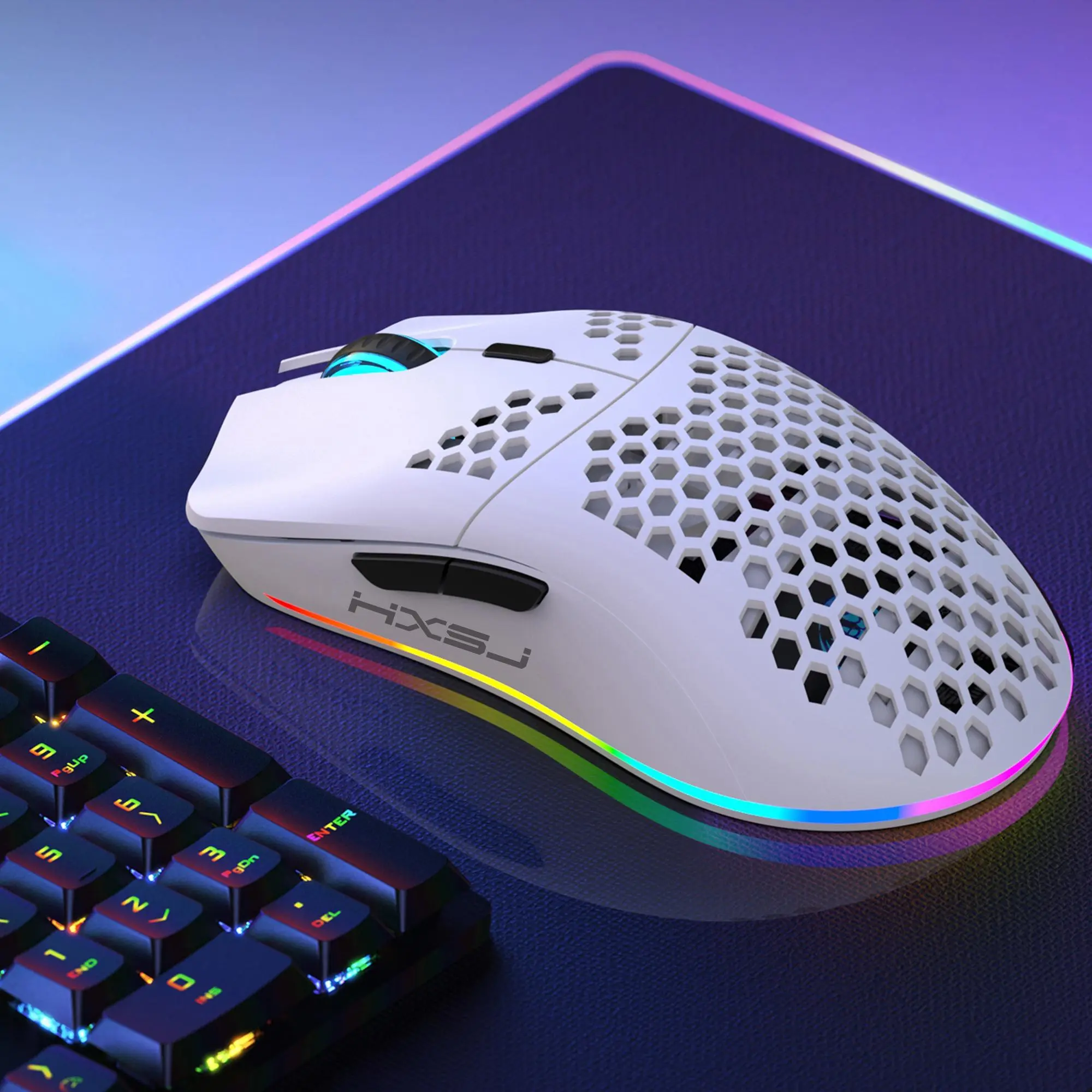 HXSJ Wireless Gaming Mouse, Honeycomb 2.4G USB Cordless Mouse, RGB Rechargeable PC Game Mice with RGB Lights, for Desktop/Laptop/PC/MAC, Computer Peripherals, Gaming Accessories