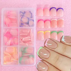 144Pcs Glossy Short Round French Fake Nails 6 Vibrant Colors Short French Tip Artificial Full Cover Fake Nail Tips for Nail Art Decoration DIY Suitable for s And Ladies Stick on Nails Press on Nails