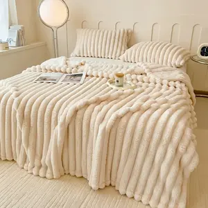 700GSM Luxury Faux Fur Ribbed Blanket, Cloud-Like Plush Rabbit Fleece Throw, Super Soft Warm Cozy Blanket, Anti-Shedding Anti-Pilling Machine Washable,Versatile for Bed Sofa Couch Nap, Aesthetic Home Decor Perfect Valentine's Day & Holiday Gift for Family