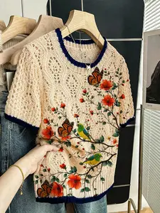 Women's Garden Natural Floral Bird Butterfly Print Knit Sweater T-Shirt, Round Neck Short Sleeve, Casual Breathable Design, All Seasons Wear Knitwear