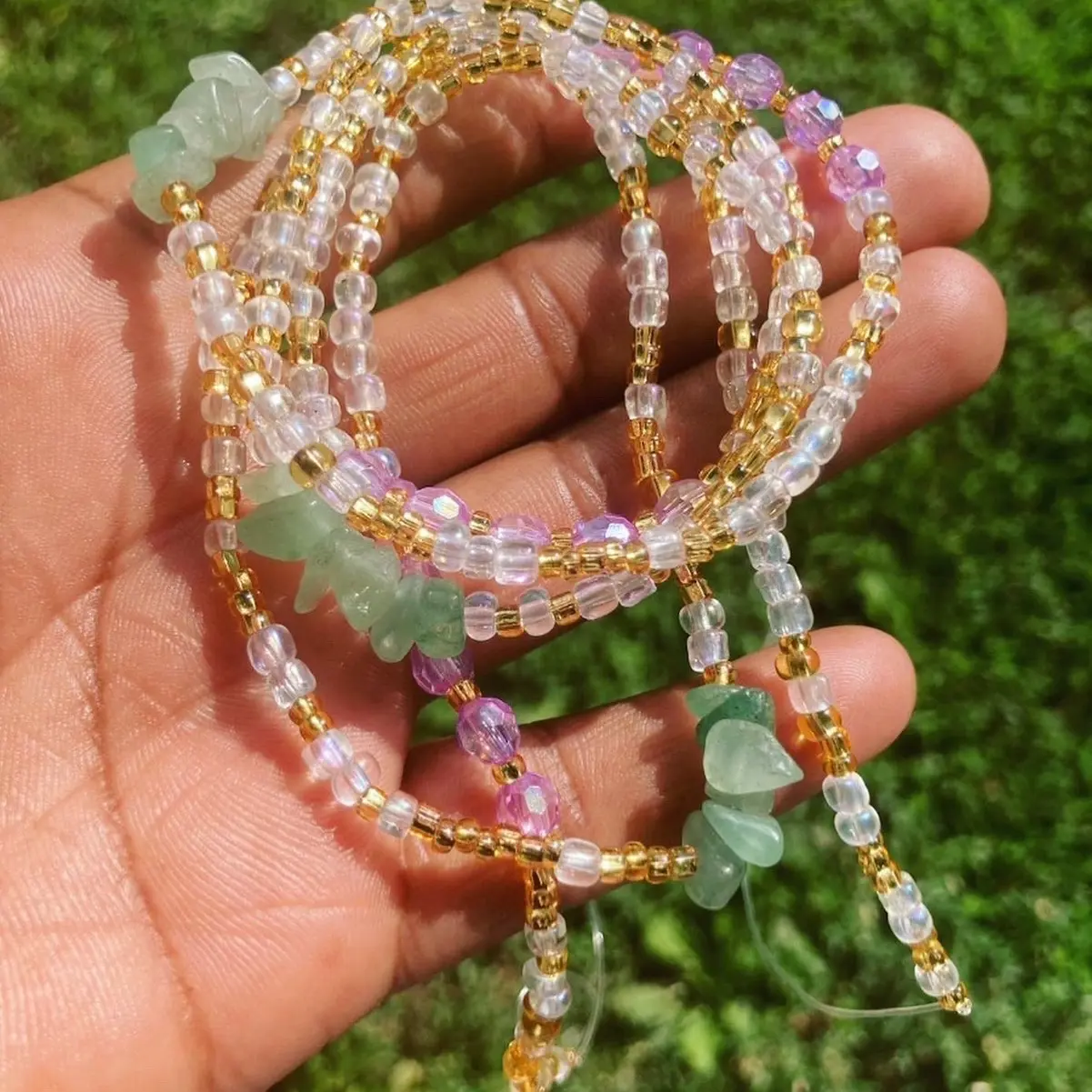 Prosperity Waist Bead Money Crystal Aventurine Pink Green Tie On Waist Chain with Clasp Boho Style Belly Jewelry for Good Luck and Balance