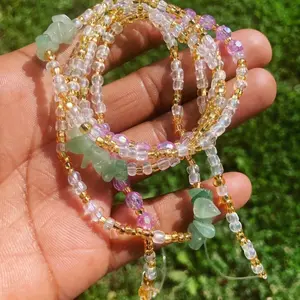 Prosperity Waist Bead Money Crystal Aventurine Pink Green Tie On Waist Chain with Clasp Boho Style Belly Jewelry for Good Luck and Balance
