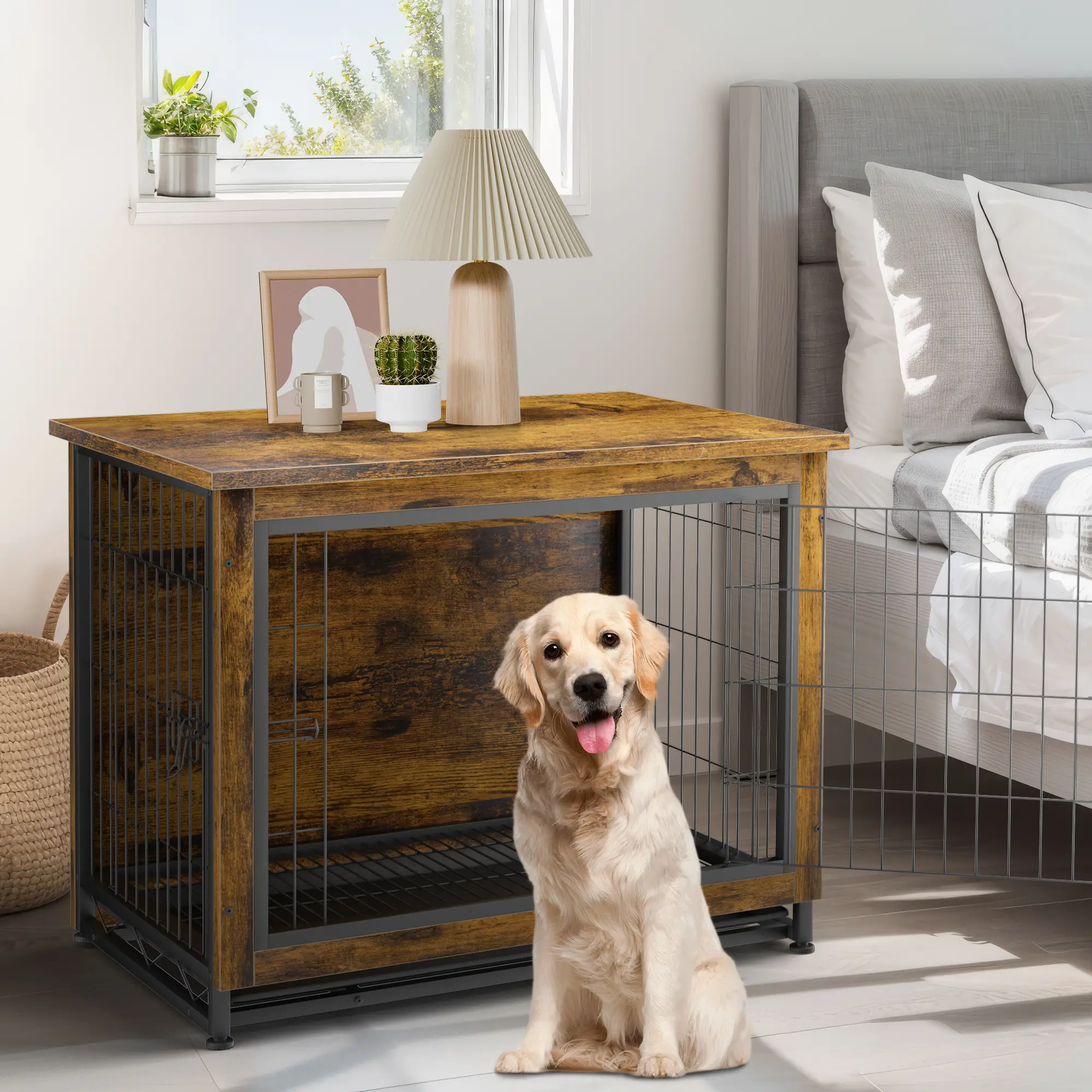 Walsunny Wooden Dog Crate Cat Crate Furniture, Visible Double Doors Cage, Pet Bed for Dog and Cat Use, High-Density Fiberboard with Prevention