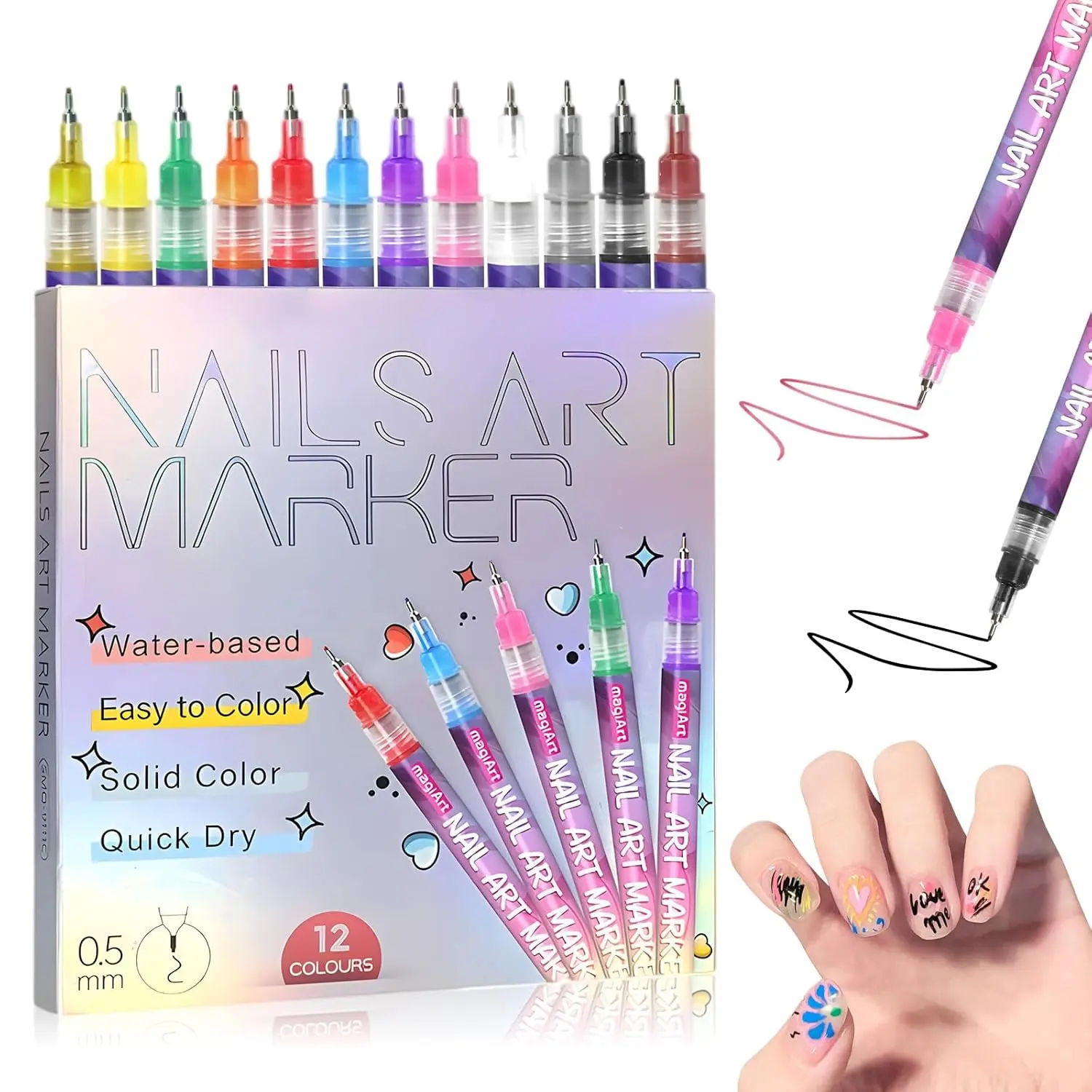 12 Colors Nail Art Pens Set 3D Quick-Dry 0.5MM Nail Polish Pens for DIY Nail Art Design Manicure Graffiti Dotting Pen 2025 Water-Based Solid Color Nail Art Tools Nail Accessories