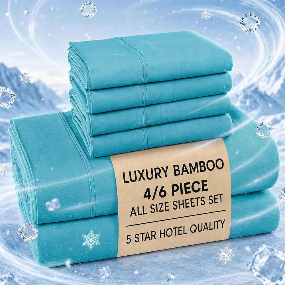 Kids Bamboo Sheets Set - 4/6 PCS Bamboo Cooling Bedding, Breathable Hotel Luxury, Double Stitching, Wrinkle-Resistant, 15" Deep Pocket, For Hot Sleeper Kids, Night Sweats Relief