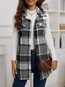 Women's Plaid Print Button Front Vest Jacket, Casual Sleeveless Collared Outerwear for Daily Wear, Ladies Clothes for All Seasons