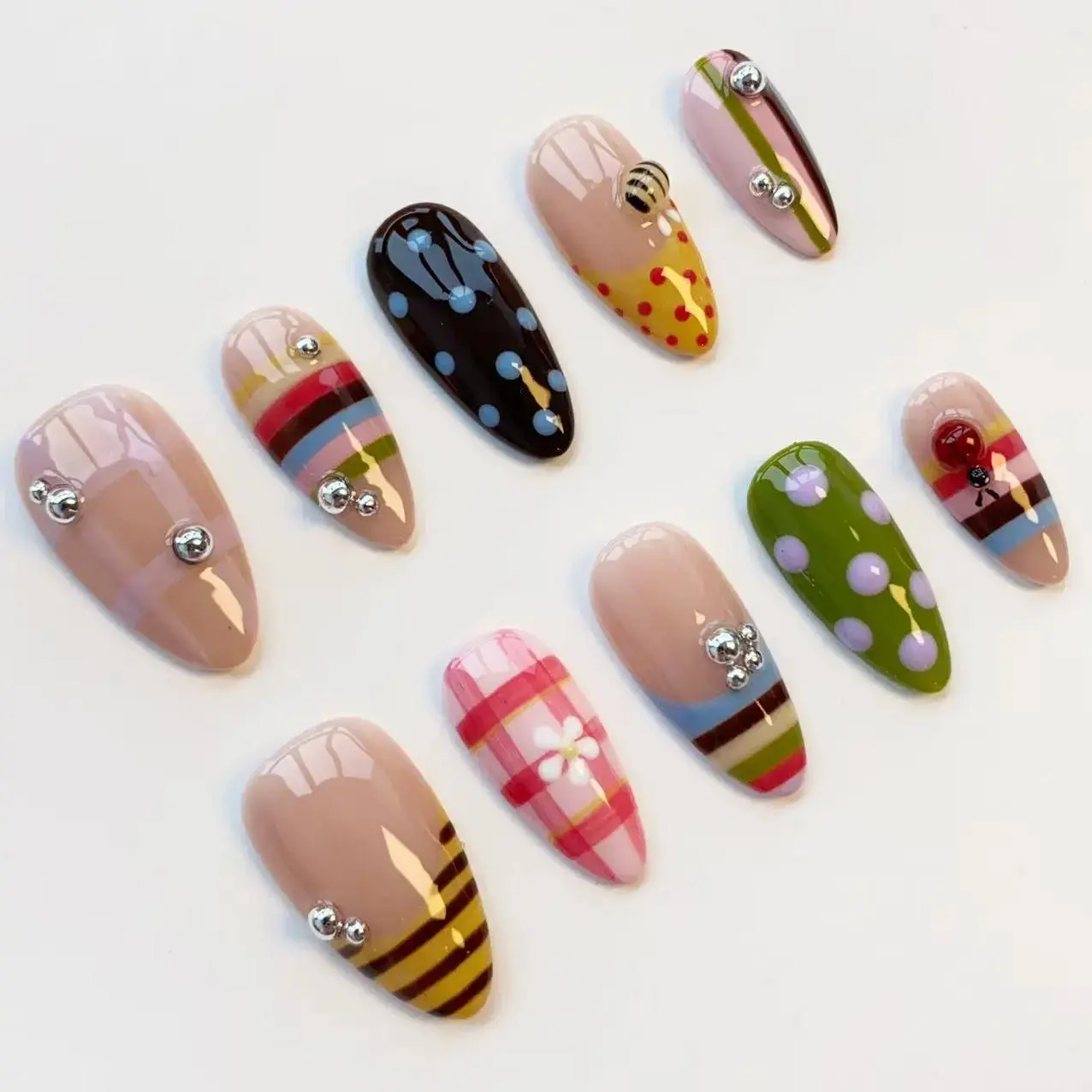 Colorful Pastel Press On Nails, Pink Green Blue Brown Almond False Nails with Stripe Polka Dot Plaid Rhinestone Silver Bead Design, Glossy Y2K Coquette Reusable Nail Set Gift for Women