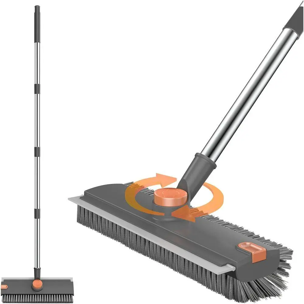 3-in-1 Detachable Floor Scrub Brush with Long Handle & Scrape Blade,   Long-Lasting Scrubber for Bathroom, Garage & Patio, Grey-Orange Home Cleaning Tool stiff bristle