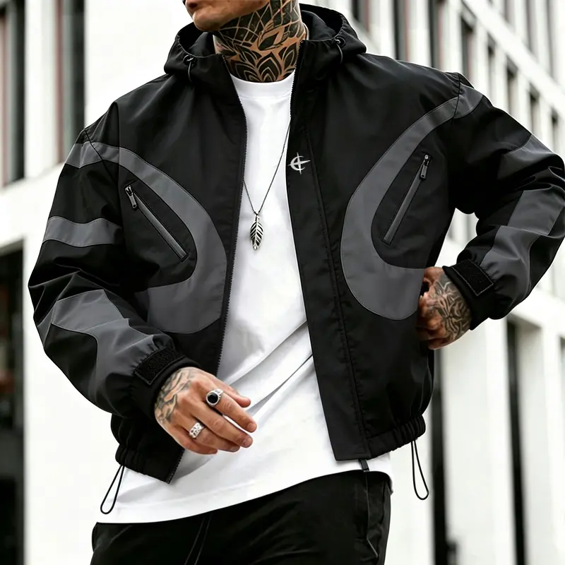 Men’s color-block functional outdoor hooded windbreaker jacket with zippered pockets, drawstring hood, Velcro cuffs, elasticated hem; lightweight waterproof zip-up loose fit for spring/autumn, streetwear hiking everyday wear.