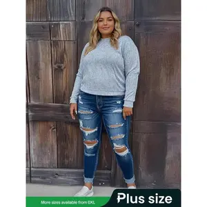 【 Plus Size】distressed Jeans, Fashion Casual Ripped Denim Jeans for Daily Outdoor Wear, Women Clothing for All Seasons, Jeans for Women, Womenswear, Streetwear, Pants, Clothe, Trouser, Bottom, Denim Western Jeans（gift）Gift