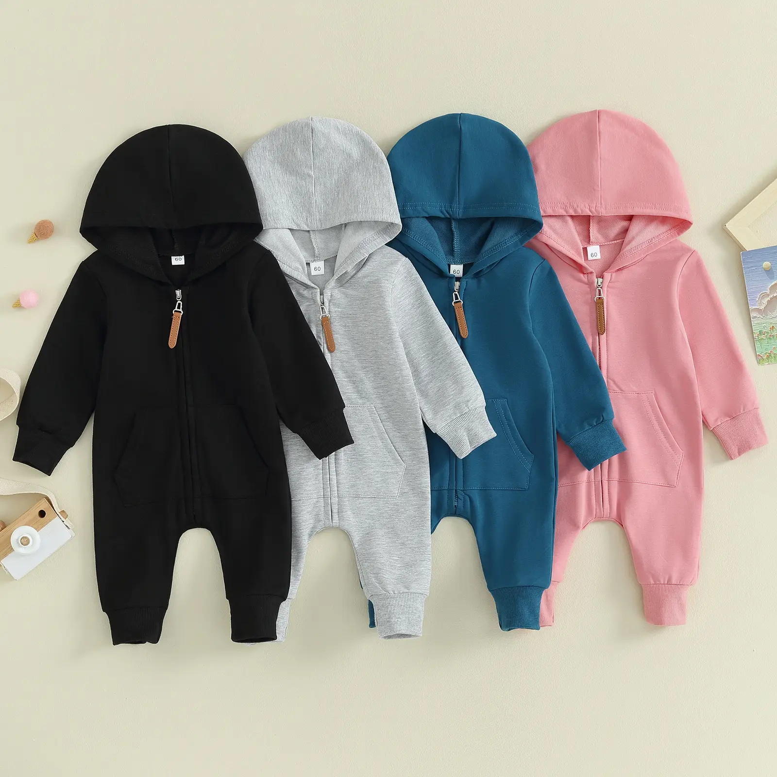 REDWOON Newborn Baby Boy Girl Clothes Hooded Jumpsuit Solid Color Zip Up Long Sleeve Hoodie Romper Bodysuit Coverall Outfit