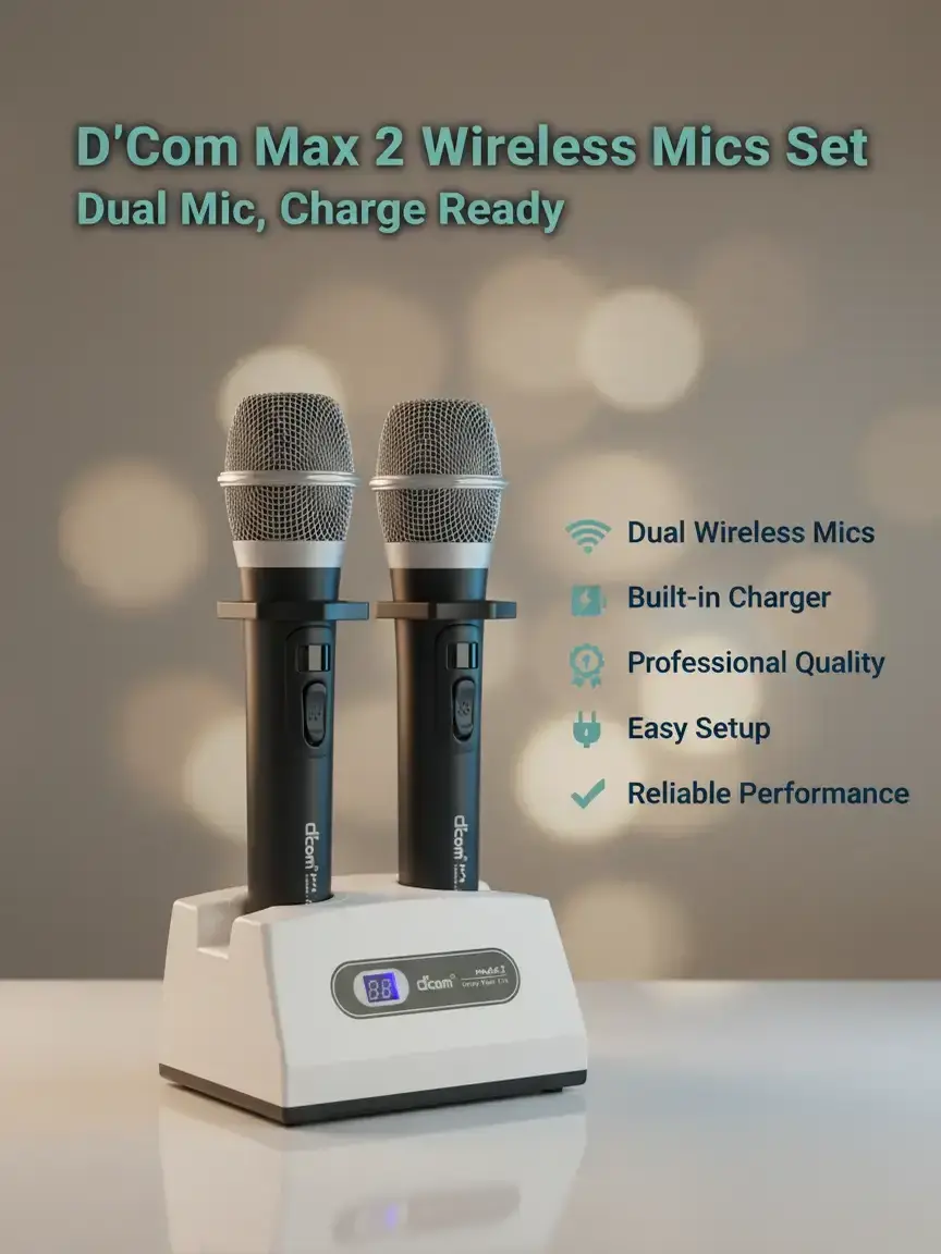 D'com MAX 2 Handheld Dual Wireless Microphone System with Charging Dock, Audio Recording Accessory for Phones & Electronics, Dual Mic