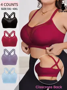 Large Size Women's Seamless Mesh Bra Set,Detachable Pads, Breathable Back Cross Design, Daily Wear Comfort Bras, Casual, All Seasons