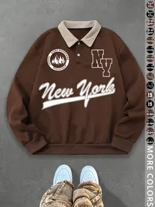 Unisex Y2K Style New York Letter Print Polo Sweatshirt, Thick Retro British Aesthetic Lamb Wool Collar Pullover for Streetwear Casual Wear