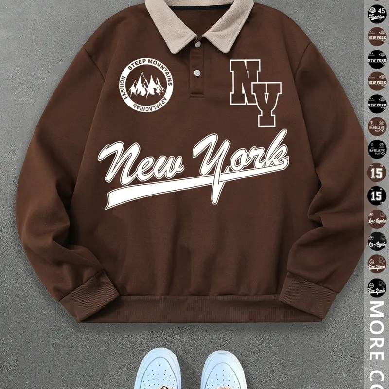 Unisex Y2K Fashion Style Classic New York Letter Print Fitted Polo Sweatshirt, Thick Retro Vintage British Aesthetic Lamb Wool Collar Pullover for Streetwear Casual Wear