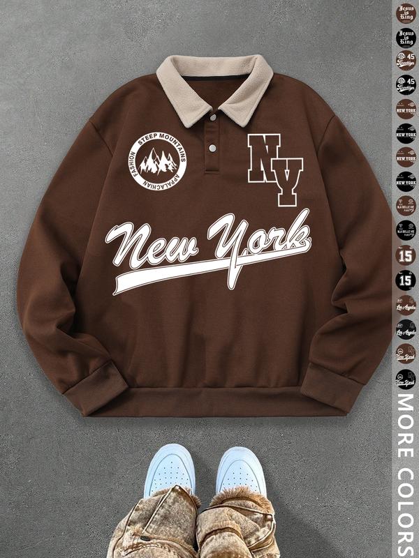 Unisex Y2K Style New York Letter Print Polo Sweatshirt, Thick Retro British Aesthetic Lamb Wool Collar Pullover for Streetwear Casual Wear