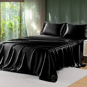 Sheets Queen Size - 4 Pieces Luxury Soft Black Bed Sheets Set with Pillowcases - Silk-Like, Reinforced 14 Inches, Oeko-Tex Certified