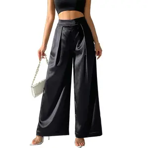 Women's Satin Wide Leg Palazzo Pants Plicated Silky Pull on Pleated Flare Loose Party Night Dress Casual Pant Trouser