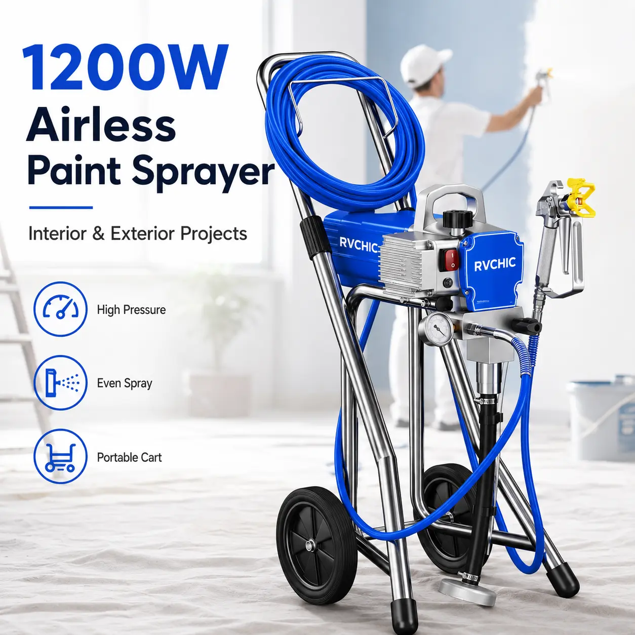 Professional Airless Paint Sprayer for Interior & Exterior Projects, RVCHIC High Pressure Paint Sprayer with Wheeled Cart, 3300 PSI, 0.47 GPM, 35FT Hose, Extension Rod for Walls, Decks & Cabinets