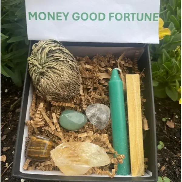 Prosperity Money Crystal Box-Invite Wealth and Goodluck-7 piece crystal set plus Rose of Jericho included