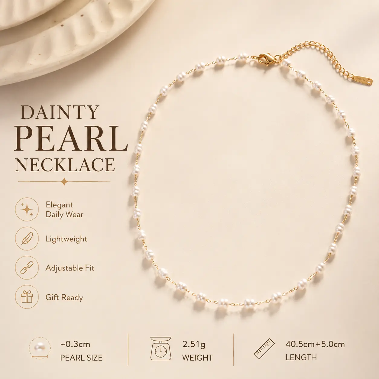 Gold Tone Small Pearl Necklace Delicate Adjustable Lobster Clasp Lightweight 40.5cm 5cm Extender Elegant Minimalist Everyday Special Occasion Gift Women Girls Fashion Jewelry Accessory