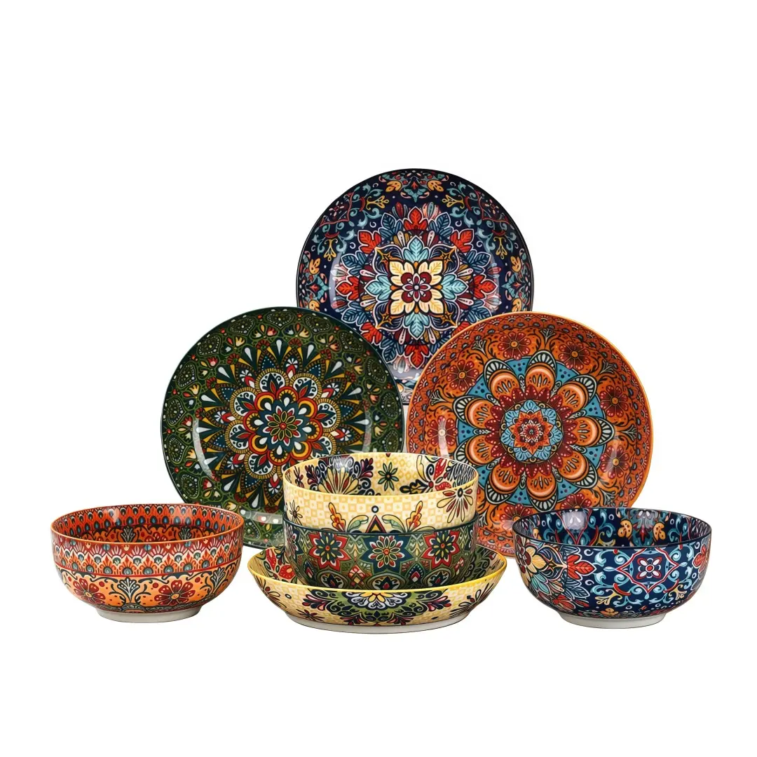 8-Piece Dinnerware Set, Includes 4 Bowls & 4 Plates, Floral & Geometric ...