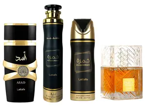 (4pc Bundle Pack) Khamrah + Asad 3.4oz Perfume + Khamrah 300ml Air Freshener + Khamrah 6.8oz Body Spray Deodorant by Lattafa