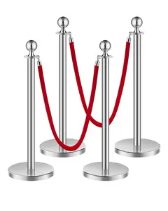 VEVOR Stanchions and Velvet Ropes 4Pcs,  Hollow Base with Stainless Steel Post, 2 Red Velvet Ropes and Posts, Crowd Control Barriers Silver Stanchions, Red Carpet Runner Poles for Party Supplies