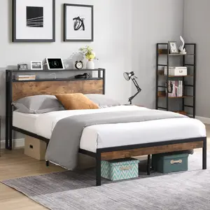 King Size Platform Bed with Charging Station, Storage Headboard and Footboard, Metal King Storage Bed Frame for Bedroom, Noise-Free, Easy Assembly, Rustic Style, Black+Brown
