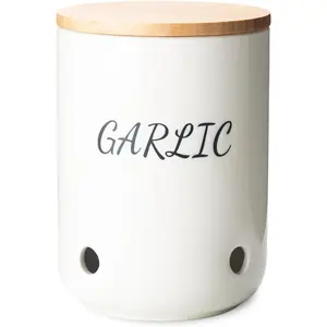 Ceramic Garlic Keeper with Lid 40 Oz Large Garlic Storage Container White with Black Text