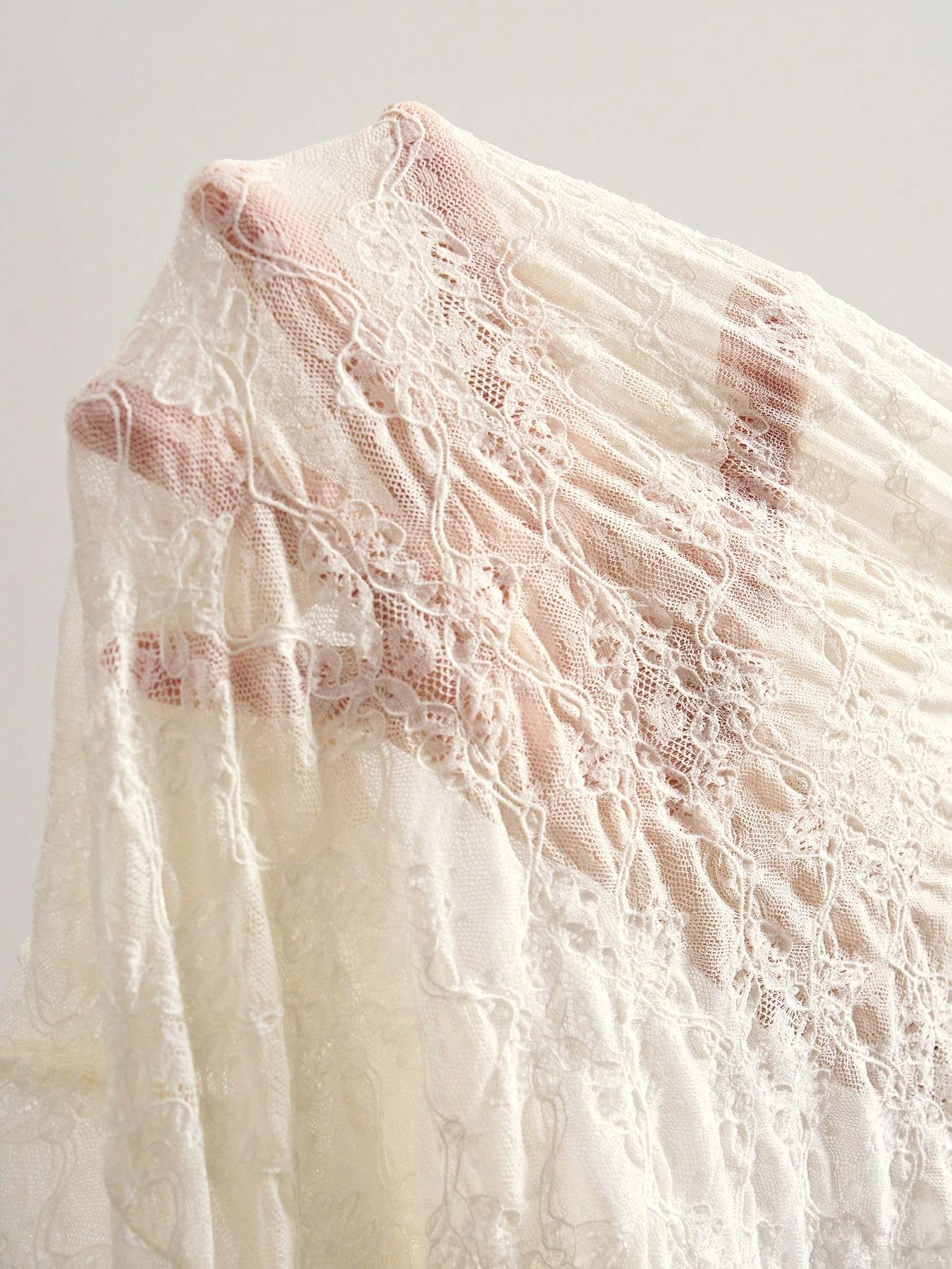 LALUZ Boho Boho Lace Knit Ruffle Trim Long Sleeve Top Solid Color Lightweight Pullover Beach Vacation Trendy Top