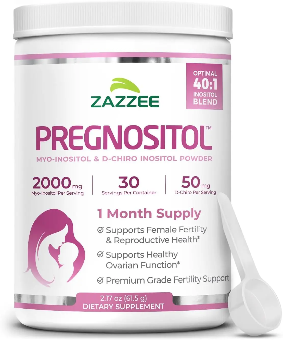 Zazzee PREGNOSITOL Powder - Premium Myo-Inositol and D-Chiro-Inositol 40:1 Ratio Formula for Women - Nutritional PREGNOSITOL Supplement for Hormone Wellness and Ovarian Health - Vegan Non-GMO Unflavored Powder with Free Scoop - 30 Servings Routine Pack