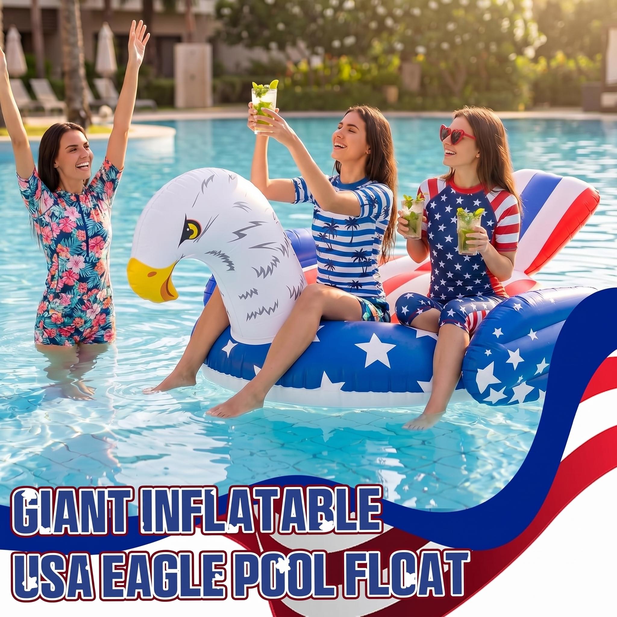 69-Inch Patriotic Americana Eagle Pool Float For Adults -Oversized Ride-On Inflatable Raft With Stable, Durable Design, UV-Resistant Lounge Floatie For Pool, Lake, Beach, Perfect For 4th Of July, Summer Parties, Outdoor Relaxation, Floating Chair