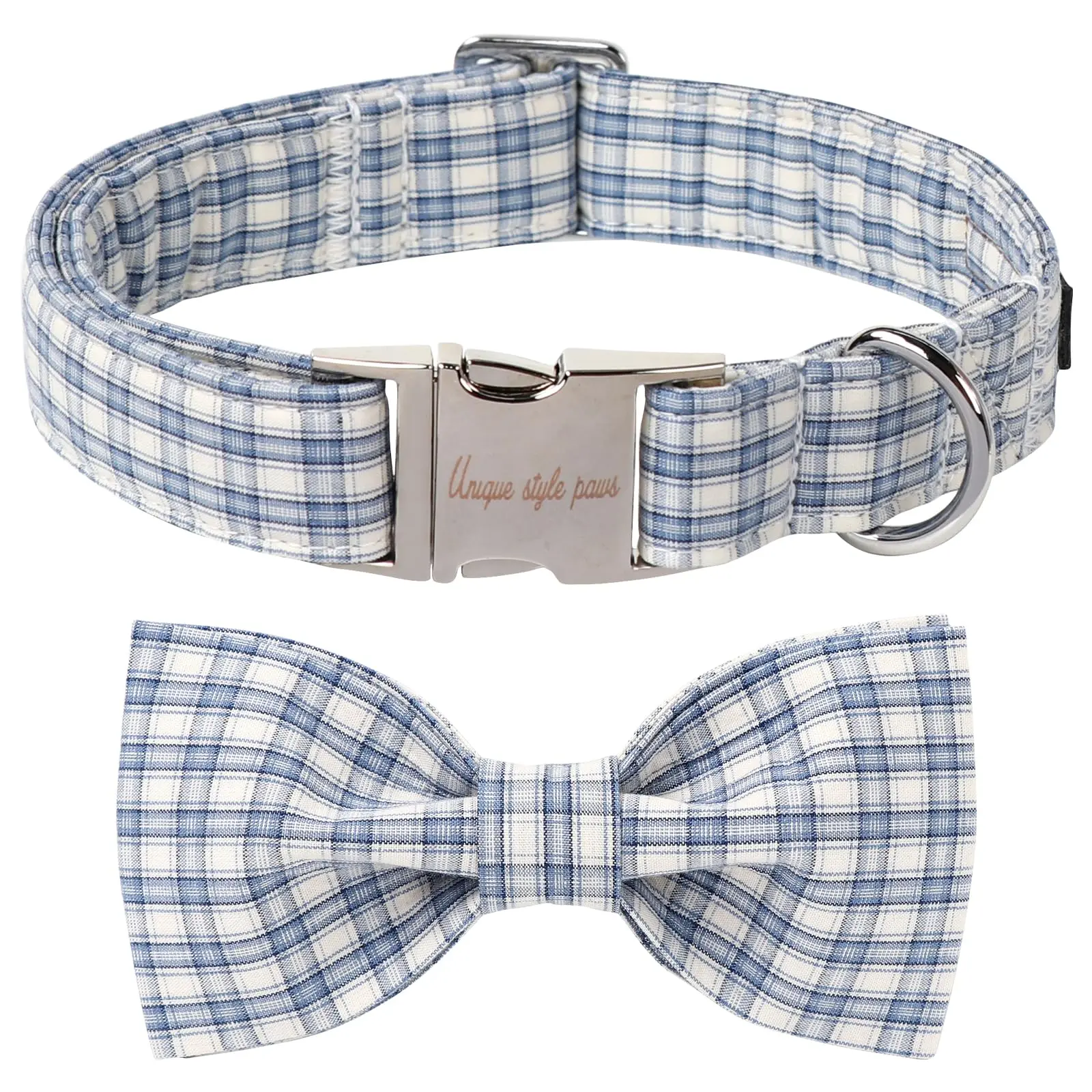 Unique Style Paws Classic Plaid Cotton Dog Collar with Bow – Breathable Spring Summer Collar in Blue & White Grid, Adjustable Fit for Small Medium Large Dogs, Boys & Girls, Chew Resistant, Collars
