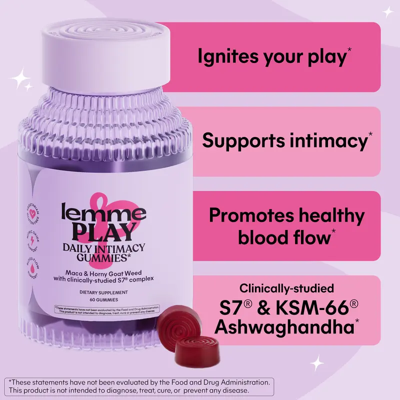 Lemme Play Daily Intimacy Gummies — KSM-66 Ashwagandha, Maca Root & Horny Goat Weed — Nitric Oxide & Blood Flow Support — Cherry — 60ct
