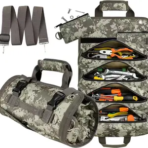 Portable Tool Roll Bag for Electricians & Mechanics 4 Compartments 2 Detachable Tool Bags Heavy Duty Carpenter Tool Belt Green